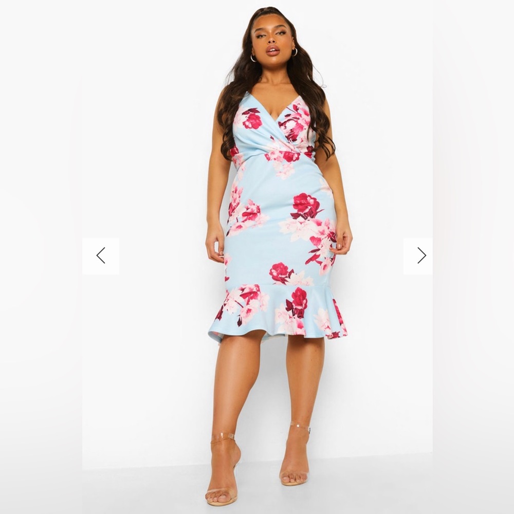 Boohoo Plus Occasion Floral Wrap Peplum Midi Dress
